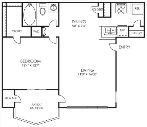 1 Bedroom, 1 Bath 1904 floor plan